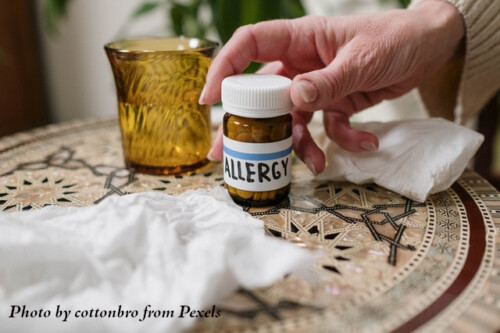 hand holding bottle of allergy pills