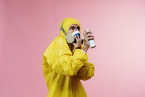 Man in bio suit with face mask